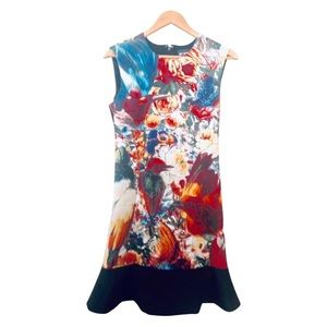 JUST CAVALLI IT46 bird print floral multicolor ruffle dress in excellent cond